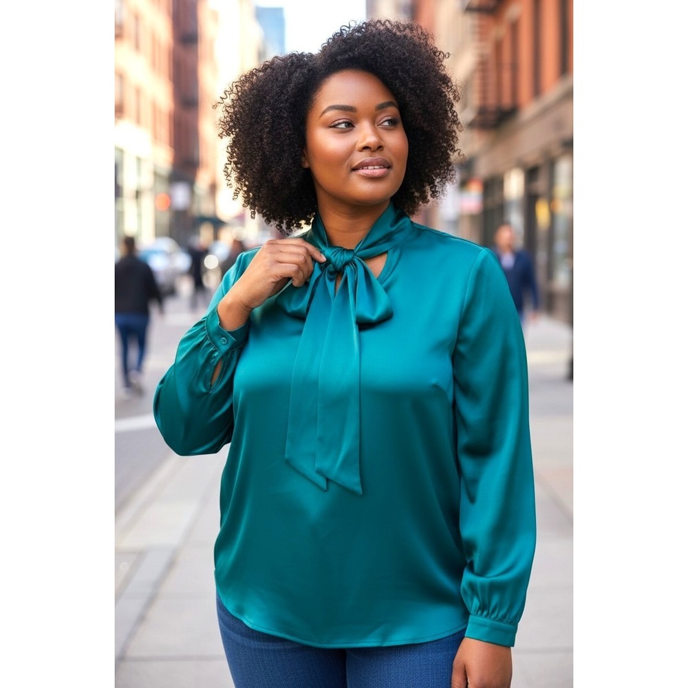 (J-278)NWT Denim & Co Teal Tie Neck Blouse XL Long Sleeve Stretch QVC Elegant